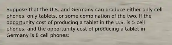 Suppose that the U.S. and Germany can produce either only cell phones, only tablets, or some combination of the two. If the opportunity cost of producing a tablet in the U.S. is 5 cell phones, and the opportunity cost of producing a tablet in Germany is 8 cell phones: