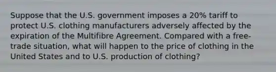 Suppose that the U.S. government imposes a 20% tariff to protect U.S. clothing manufacturers adversely affected by the expiration of the Multifibre Agreement. Compared with a free-trade situation, what will happen to the price of clothing in the United States and to U.S. production of clothing?