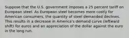 Suppose that the U.S. government imposes a 25 percent tariff on European steel. As European steel becomes more costly for American consumers, the quantity of steel demanded declines. This results in a decrease in America's demand curve (leftward shift) for euros and an appreciation of the dollar against the euro in the long run.