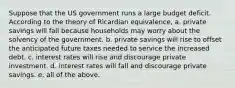 Suppose that the US government runs a large budget deficit. According to the theory of Ricardian equivalence, a. private savings will fall because households may worry about the solvency of the government. b. private savings will rise to offset the anticipated future taxes needed to service the increased debt. c. interest rates will rise and discourage private investment. d. interest rates will fall and discourage private savings. e. all of the above.