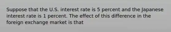 Suppose that the U.S. interest rate is 5 percent and the Japanese interest rate is 1 percent. The effect of this difference in the foreign exchange market is that