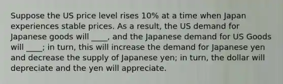 Suppose the US price level rises 10% at a time when Japan experiences stable prices. As a result, the US demand for Japanese goods will ____, and the Japanese demand for US Goods will ____; in turn, this will increase the demand for Japanese yen and decrease the supply of Japanese yen; in turn, the dollar will depreciate and the yen will appreciate.