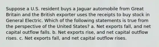 Suppose a U.S. resident buys a Jaguar automobile from Great Britain and the British exporter uses the receipts to buy stock in General Electric. Which of the following statements is true from the perspective of the United States? a. Net exports fall, and net capital outflow falls. b. Net exports rise, and net capital outflow rises. c. Net exports fall, and net capital outflow rises.