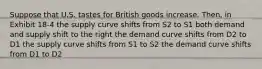 Suppose that U.S. tastes for British goods increase. Then, in Exhibit 18-4 the supply curve shifts from S2 to S1 both demand and supply shift to the right the demand curve shifts from D2 to D1 the supply curve shifts from S1 to S2 the demand curve shifts from D1 to D2