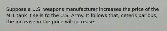 Suppose a U.S. weapons manufacturer increases the price of the M-1 tank it sells to the U.S. Army. It follows that, ceteris paribus, the increase in the price will increase: