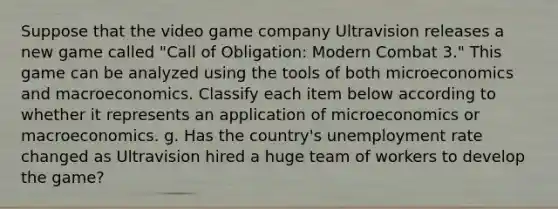 Suppose that the video game company Ultravision releases a new game called "Call of Obligation: Modern Combat 3." This game can be analyzed using the tools of both microeconomics and macroeconomics. Classify each item below according to whether it represents an application of microeconomics or macroeconomics. g. Has the country's unemployment rate changed as Ultravision hired a huge team of workers to develop the game?