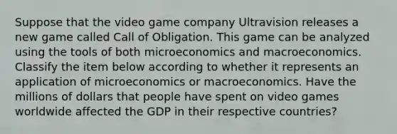 Suppose that the video game company Ultravision releases a new game called Call of Obligation. This game can be analyzed using the tools of both microeconomics and macroeconomics. Classify the item below according to whether it represents an application of microeconomics or macroeconomics. Have the millions of dollars that people have spent on video games worldwide affected the GDP in their respective countries?