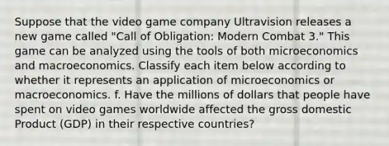 Suppose that the video game company Ultravision releases a new game called "Call of Obligation: Modern Combat 3." This game can be analyzed using the tools of both microeconomics and macroeconomics. Classify each item below according to whether it represents an application of microeconomics or macroeconomics. f. Have the millions of dollars that people have spent on video games worldwide affected the gross domestic Product (GDP) in their respective countries?