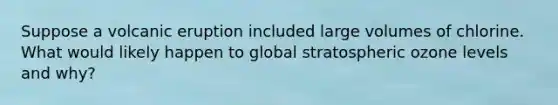 Suppose a volcanic eruption included large volumes of chlorine. What would likely happen to global stratospheric ozone levels and why?