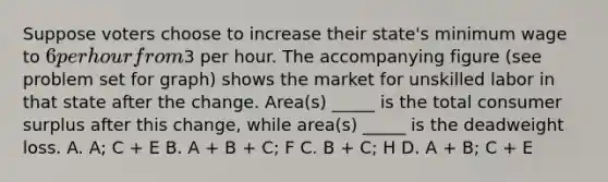 Suppose voters choose to increase their state's minimum wage to 6 per hour from3 per hour. The accompanying figure (see problem set for graph) shows the market for unskilled labor in that state after the change. Area(s) _____ is the total consumer surplus after this change, while area(s) _____ is the deadweight loss. A. A; C + E B. A + B + C; F C. B + C; H D. A + B; C + E