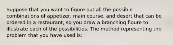 Suppose that you want to figure out all the possible combinations of appetizer, main course, and desert that can be ordered in a restaurant, so you draw a branching figure to illustrate each of the possibilities. The method representing the problem that you have used is: