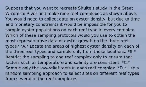 Suppose that you want to recreate Shulte's study in the Great Wicomico River and make nine reef complexes as shown above. You would need to collect data on oyster density, but due to time and monetary constraints it would be impossible for you to sample oyster populations on each reef type in every complex. Which of these sampling protocols would you use to obtain the most representative data of oyster growth on the three reef types? *A.* Locate the areas of highest oyster density on each of the three reef types and sample only from those locations. *B.* Restrict the sampling to one reef complex only to ensure that factors such as temperature and salinity are consistent. *C.* Sample only the low-relief reefs in each reef complex. *D.* Use a random sampling approach to select sites on different reef types from several of the reef complexes.