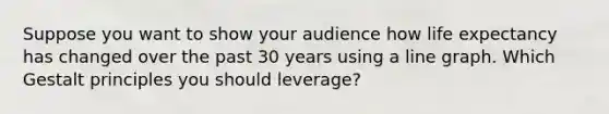 Suppose you want to show your audience how life expectancy has changed over the past 30 years using a line graph. Which Gestalt principles you should leverage?