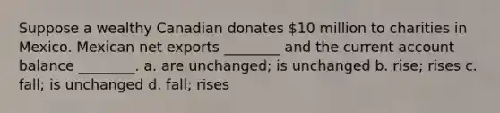 Suppose a wealthy Canadian donates 10 million to charities in Mexico. Mexican net exports ________ and the current account balance ________. a. are unchanged; is unchanged b. rise; rises c. fall; is unchanged d. fall; rises