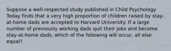 Suppose a well-respected study published in Child Psychology Today finds that a very high proportion of children raised by stay-at-home dads are accepted to Harvard University. If a large number of previously working dads quit their jobs and become stay-at-home dads, which of the following will occur, all else equal?