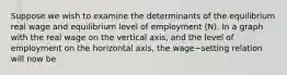 Suppose we wish to examine the determinants of the equilibrium real wage and equilibrium level of employment​ (N). In a graph with the real wage on the vertical​ axis, and the level of employment on the horizontal​ axis, the wage−setting relation will now be