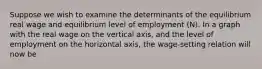 Suppose we wish to examine the determinants of the equilibrium real wage and equilibrium level of employment (N). In a graph with the real wage on the vertical axis, and the level of employment on the horizontal axis, the wage-setting relation will now be