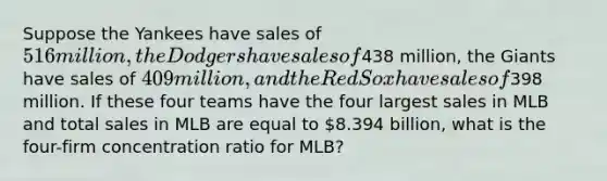 Suppose the Yankees have sales of 516 million, the Dodgers have sales of438 million, the Giants have sales of 409 million, and the Red Sox have sales of398 million. If these four teams have the four largest sales in MLB and total sales in MLB are equal to 8.394 billion, what is the four-firm concentration ratio for MLB?