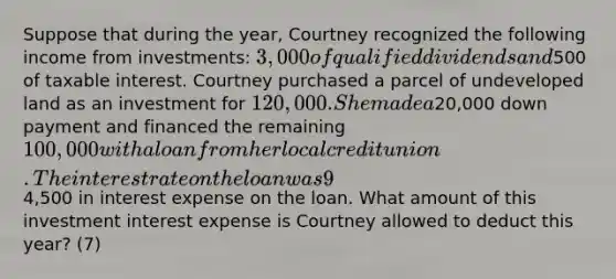 Suppose that during the year, Courtney recognized the following income from investments: 3,000 of qualified dividends and500 of taxable interest. Courtney purchased a parcel of undeveloped land as an investment for 120,000. She made a20,000 down payment and financed the remaining 100,000 with a loan from her local credit union. The interest rate on the loan was 9%, payable annually. During the year, Courtney paid4,500 in interest expense on the loan. What amount of this investment interest expense is Courtney allowed to deduct this year? (7)