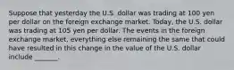 Suppose that yesterday the U.S. dollar was trading at 100 yen per dollar on the foreign exchange market. Today​, the U.S. dollar was trading at 105 yen per dollar. The events in the foreign exchange​ market, everything else remaining the same that could have resulted in this change in the value of the U.S. dollar include​ _______.