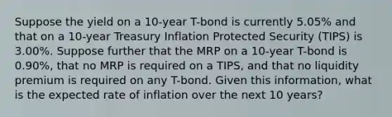 Suppose the yield on a 10-year T-bond is currently 5.05% and that on a 10-year Treasury Inflation Protected Security (TIPS) is 3.00%. Suppose further that the MRP on a 10-year T-bond is 0.90%, that no MRP is required on a TIPS, and that no liquidity premium is required on any T-bond. Given this information, what is the expected rate of inflation over the next 10 years?