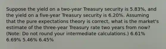 Suppose the yield on a two-year Treasury security is 5.83%, and the yield on a five-year Treasury security is 6.20%. Assuming that the pure expectations theory is correct, what is the market's estimate of the three-year Treasury rate two years from now? (Note: Do not round your intermediate calculations.) 6.61% 6.69% 5.46% 6.45%