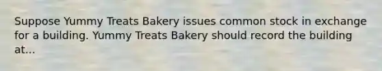 Suppose Yummy Treats Bakery issues common stock in exchange for a building. Yummy Treats Bakery should record the building at...