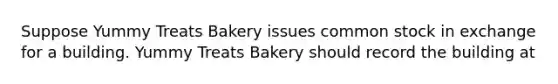 Suppose Yummy Treats Bakery issues common stock in exchange for a building. Yummy Treats Bakery should record the building at