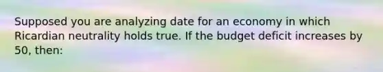 Supposed you are analyzing date for an economy in which Ricardian neutrality holds true. If the budget deficit increases by 50, then: