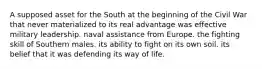 A supposed asset for the South at the beginning of the Civil War that never materialized to its real advantage was effective military leadership. naval assistance from Europe. the fighting skill of Southern males. its ability to fight on its own soil. its belief that it was defending its way of life.