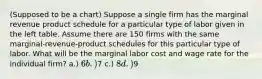 (Supposed to be a chart) Suppose a single firm has the marginal revenue product schedule for a particular type of labor given in the left table. Assume there are 150 firms with the same marginal-revenue-product schedules for this particular type of labor. What will be the marginal labor cost and wage rate for the individual firm? a.) 6 b.)7 c.) 8 d.)9