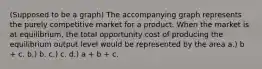 (Supposed to be a graph) The accompanying graph represents the purely competitive market for a product. When the market is at equilibrium, the total opportunity cost of producing the equilibrium output level would be represented by the area a.) b + c. b.) b. c.) c. d.) a + b + c.