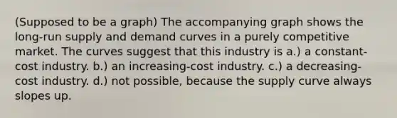 (Supposed to be a graph) The accompanying graph shows the long-run supply and demand curves in a purely competitive market. The curves suggest that this industry is a.) a constant-cost industry. b.) an increasing-cost industry. c.) a decreasing-cost industry. d.) not possible, because the supply curve always slopes up.