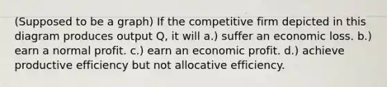 (Supposed to be a graph) If the competitive firm depicted in this diagram produces output Q, it will a.) suffer an economic loss. b.) earn a normal profit. c.) earn an economic profit. d.) achieve productive efficiency but not allocative efficiency.