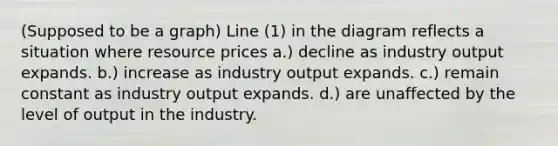 (Supposed to be a graph) Line (1) in the diagram reflects a situation where resource prices a.) decline as industry output expands. b.) increase as industry output expands. c.) remain constant as industry output expands. d.) are unaffected by the level of output in the industry.