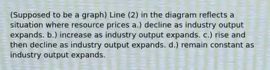 (Supposed to be a graph) Line (2) in the diagram reflects a situation where resource prices a.) decline as industry output expands. b.) increase as industry output expands. c.) rise and then decline as industry output expands. d.) remain constant as industry output expands.