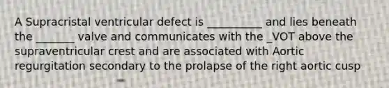 A Supracristal ventricular defect is __________ and lies beneath the _______ valve and communicates with the _VOT above the supraventricular crest and are associated with Aortic regurgitation secondary to the prolapse of the right aortic cusp