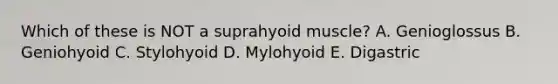 Which of these is NOT a suprahyoid muscle? A. Genioglossus B. Geniohyoid C. Stylohyoid D. Mylohyoid E. Digastric