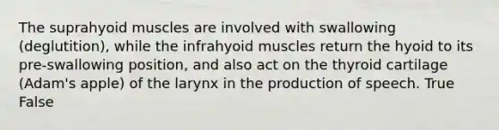 The suprahyoid muscles are involved with swallowing (deglutition), while the infrahyoid muscles return the hyoid to its pre-swallowing position, and also act on the thyroid cartilage (Adam's apple) of the larynx in the production of speech. True False