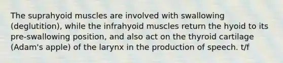 The suprahyoid muscles are involved with swallowing (deglutition), while the infrahyoid muscles return the hyoid to its pre-swallowing position, and also act on the thyroid cartilage (Adam's apple) of the larynx in the production of speech. t/f