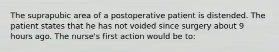 The suprapubic area of a postoperative patient is distended. The patient states that he has not voided since surgery about 9 hours ago. The nurse's first action would be to: