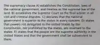 The supremacy clause A) establishes the Constitution, laws of the national government, and treaties as the supreme law of the land. B) establishes the Supreme Court as the final arbiter in all civil and criminal disputes. C) declares that the national government is superior to the states in every concern. D) states that powers not delegated to the United States by the Constitution, nor prohibited by the states, are reserved to the states. E) states that the people are the supreme authority in the United States and that the government shall be subservient to them.