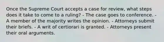 Once the Supreme Court accepts a case for review, what steps does it take to come to a ruling? - The case goes to conference. - A member of the majority writes the opinion. - Attorneys submit their briefs. - A writ of certiorari is granted. - Attorneys present their oral arguments.