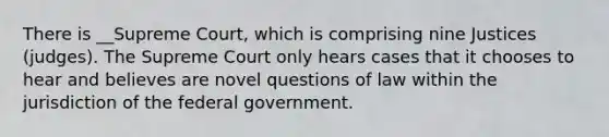 There is __Supreme Court, which is comprising nine Justices (judges). The Supreme Court only hears cases that it chooses to hear and believes are novel questions of law within the jurisdiction of the federal government.