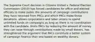 The Supreme Court decision in Citizens United v. Federal Election Commission (2010) has forced candidates for office and elected officials to make public the amounts of campaign contributions they have received from PACs and which PACs make those donations. allows corporations and labor unions to spend unlimited funds on campaigns as long as there is no coordination with the candidate. limits PACs by reducing the amount of money they can raise through contributions made by small donors. has strengthened the argument that PACs constitute a better system of campaign finance than one based on wealthy donors.