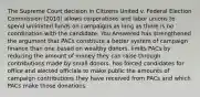 The Supreme Court decision in Citizens United v. Federal Election Commission (2010) allows corporations and labor unions to spend unlimited funds on campaigns as long as there is no coordination with the candidate. You Answered has strengthened the argument that PACs constitute a better system of campaign finance than one based on wealthy donors. limits PACs by reducing the amount of money they can raise through contributions made by small donors. has forced candidates for office and elected officials to make public the amounts of campaign contributions they have received from PACs and which PACs make those donations.