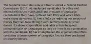 The Supreme Court decision in Citizens United v. Federal Election Commission (2010) A) has forced candidates for office and elected officials to make public the amounts of campaign contributions they have received from PACs and which PACs make those donations. B) limits PACs by reducing the amount of money they can raise through contributions made by small donors. C) allows corporations and labor unions to spend unlimited funds on campaigns as long as there is no coordination with the candidate. D) has strengthened the argument that PACs constitute a better system of campaign finance than one based on wealthy donors.