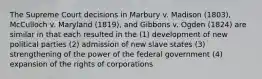 The Supreme Court decisions in Marbury v. Madison (1803), McCulloch v. Maryland (1819), and Gibbons v. Ogden (1824) are similar in that each resulted in the (1) development of new political parties (2) admission of new slave states (3) strengthening of the power of the federal government (4) expansion of the rights of corporations