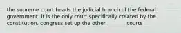 the supreme court heads the judicial branch of the federal government. it is the only court specifically created by the constitution. congress set up the other _______ courts