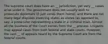 The supreme court does have an __ jurisdiction, yet very __ cases arise under it. The government does not usually wish to prosecute diplomats (it just sends them home), and there are not many legal disputes involving states as states (as opposed to, say, a prosecutor representing a state in a criminal trial). Almost all the business of the Court comes from the __ process. Litigants may appeal cases from both federal and state courts. However, the vast __ of appeals heard by the Supreme Court are from the federal courts.